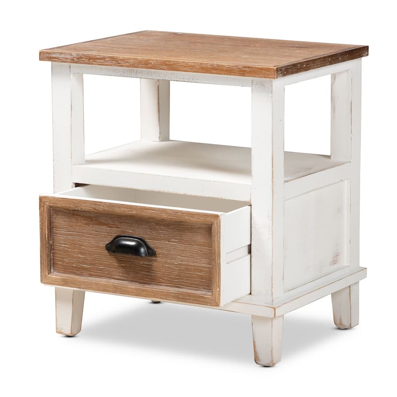 Baxton Studio Glynn Rustic Farmhouse Weathered Two-Tone White and Oak Brown Finished Wood 1-Drawer End Table