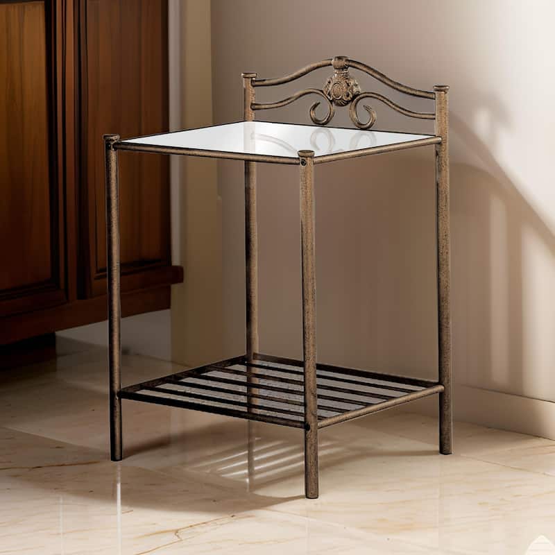 Kish 32 Inch 2 Shelf Nightstand, Tempered Glass Top, Brushed Antique Gold