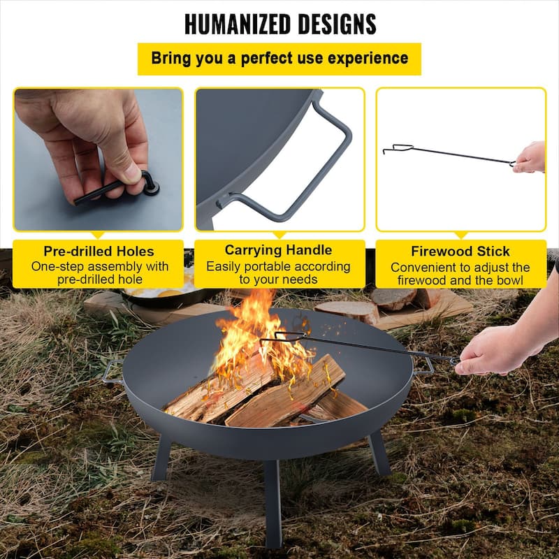 34" Outdoor Fire Pit Bowl, Carbon Steel Wood Burning for Patio & Camping - 33.5" x 9" x 16"