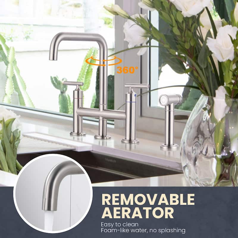 WOWOW Double Handle Bridge Kitchen Faucet with Side Sprayer