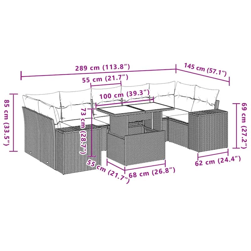 vidaXL Patio Sofa Set with Cushions Outdoor Furniture 8 Piece Poly Rattan - 24.4 x 24.4 x 27.2