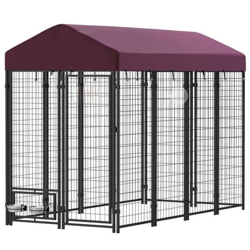 Red Steel and Oxford Cloth Dog Kennel Playpen with Roof, Gate and Bowls - 94.5" L x 48" W x 72" H