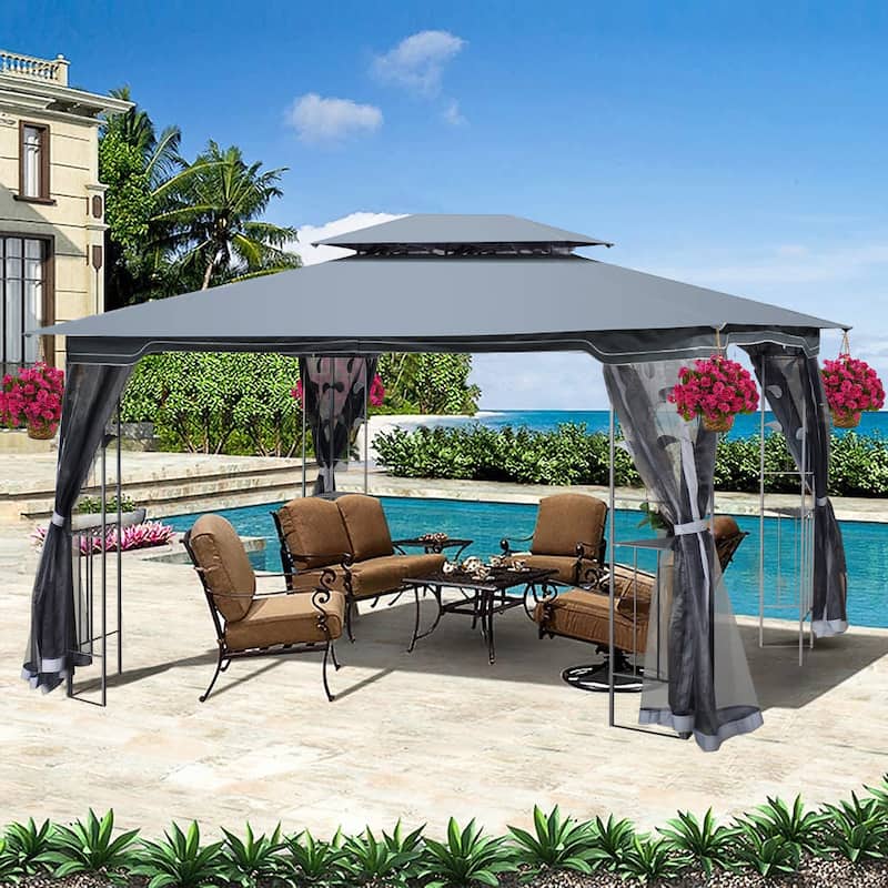 13x10 FT Patio Steel Gazebo, Canopy Tent with Ventilated Double Roof, Mosquito Netting & Privacy Screens for Garden, Backyard - Gray