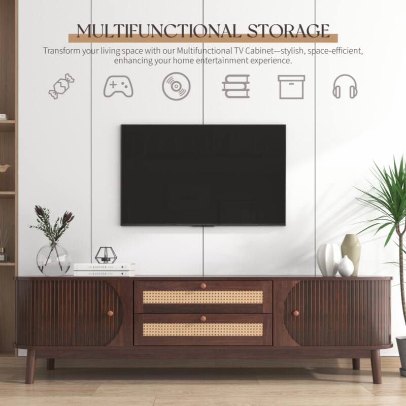 Rattan TV Stand for TVs up to 75'', Modern Farmhouse Media Console, Entertainment Center with Solid Wood Legs