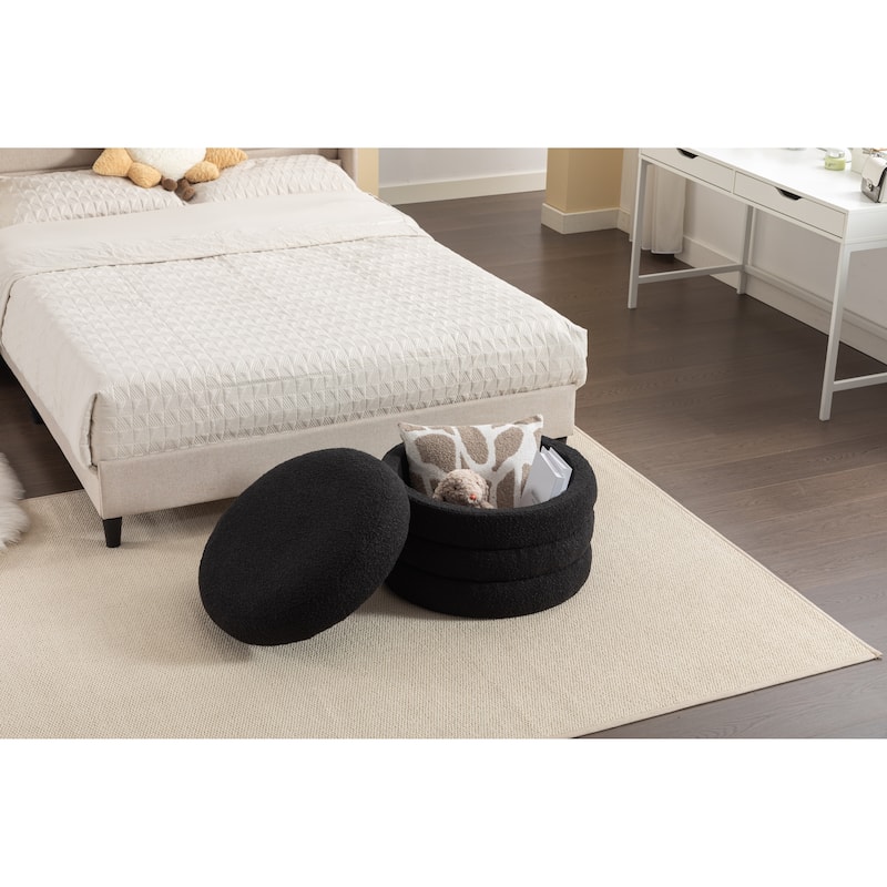 Boucle Fabric Storage Round Ottoman Footstool With Wooden Shelving,Black