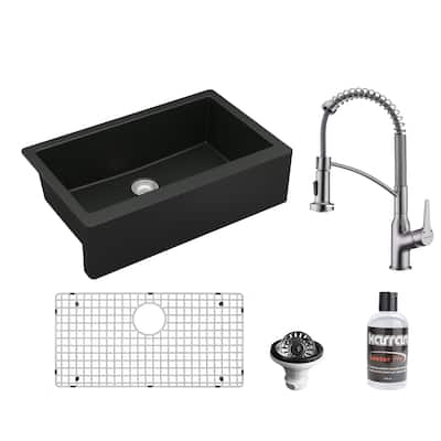 Karran All-in-One Farmhouse/Apron-Front Quartz 34 in. Single Bowl Kitchen Sink in Black with Faucet KKF210 in Stainless Steel