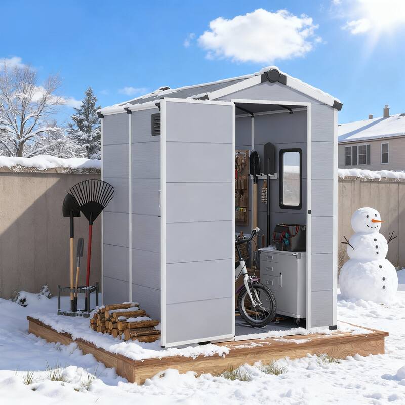 EROMMY Outdoor Storage Shed with Built-In Floor, Lockable Double Doors & Sloped Roof, Gray/Black