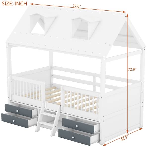 dimension image slide 2 of 3, House Bed Wood Low Loft Bed House-shape Frame Bed with 2 Roof Skylights, Kids Storage Bed with 4 Drawers, Guardrail and Stairs