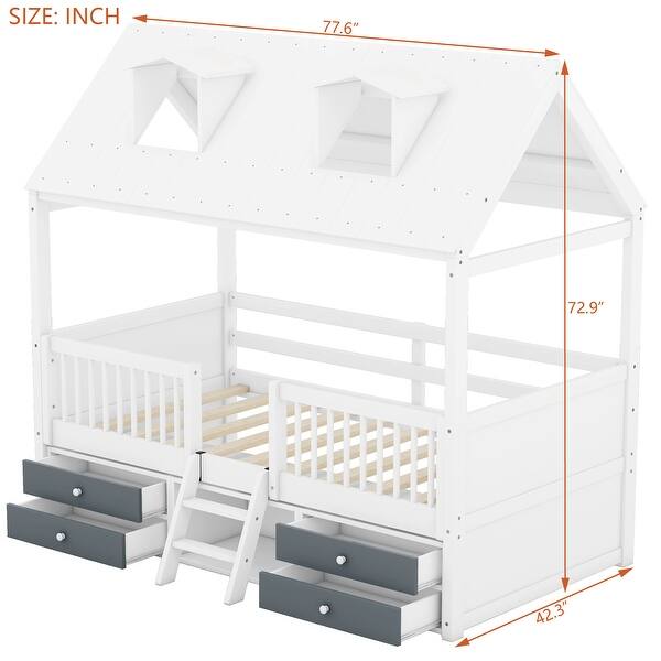 dimension image slide 1 of 2, Twin Size Wooden House Bed with Roof Skylights, Ladder, 4 Drawers, Shelves, Fence and Solid Wood Frame, for Kids Ages 6+