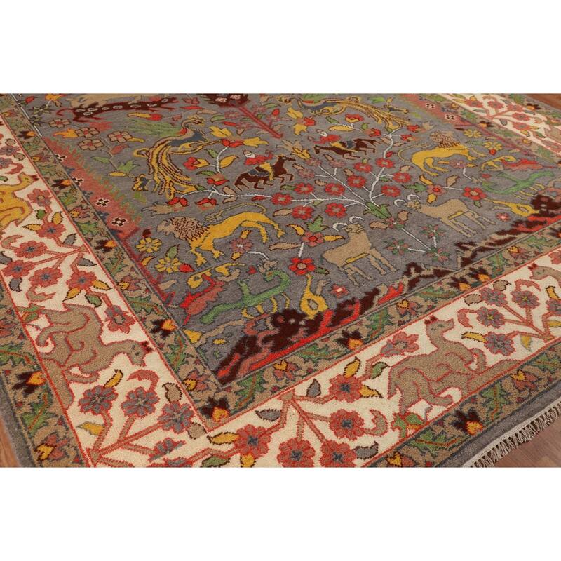 Hunting Animals Ziegler Indian Area Rug Hand-Knotted Wool Carpet - 9'1" X 11'10"