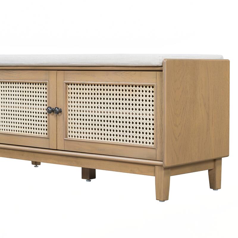 Rattan Entryway Bench with Storage, Cushioned Shoe Bench with Double Doors