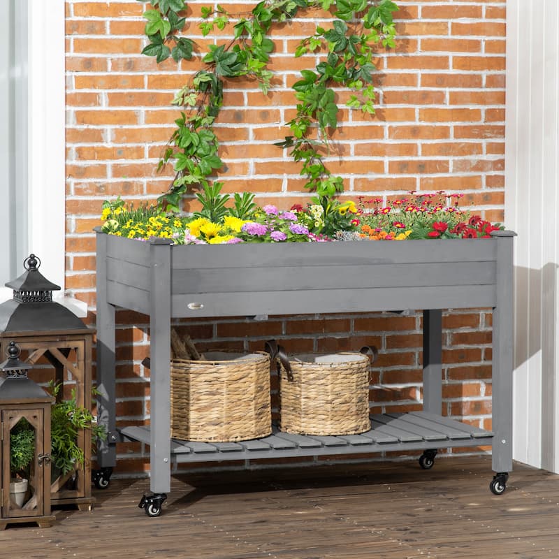 2-Tier Mobile Elevated Planter Garden Bed with Shelf Wheels Drainage - Gray