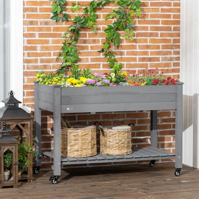 Outsunny 47" x 21" Raised Garden Bed Elevated Wooden Planter Box w/ Lockable Wheels, Storage Shelf and Bed Liner for Backyard