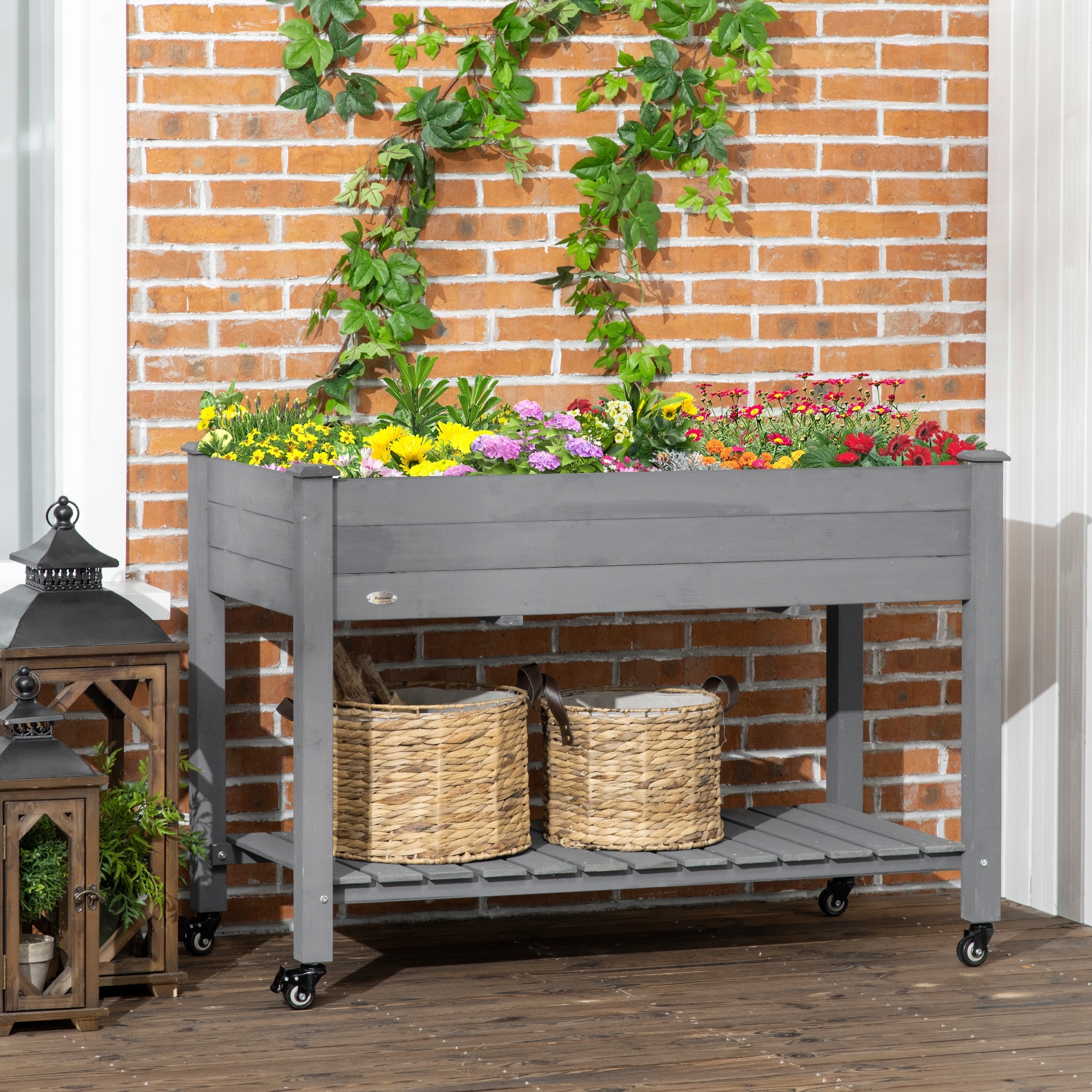 Outsunny 47" x 21" Raised Garden Bed Elevated Wooden Planter Box w/ Lockable Wheels, Storage Shelf and Bed Liner for Backyard