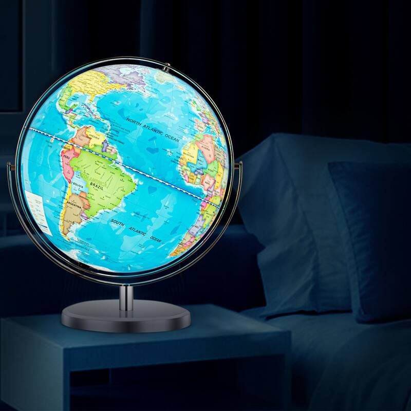 13 Inch LED Lighted World Globe 720 degree Rotation for Kids and Decor - 8" x 13" x 16"