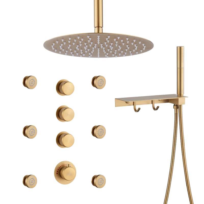 CASAINC Thermostatic 12 inch Rainfall Showerhead with Handheld Spray & 6 Body Jets Set(Can All Run Together) Rain Shower System