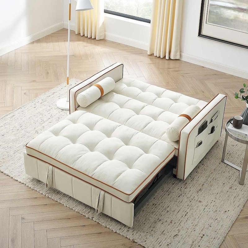 Modern 55.5" Velvet Pull-Out Adjustable Sofa Bed with Side Pockets