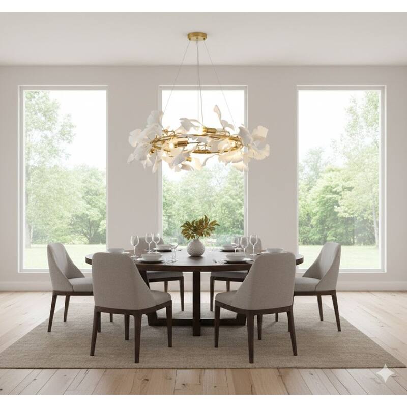 10 Light Round Brass Frame Chandelier with White Acrylic Leaf Accents