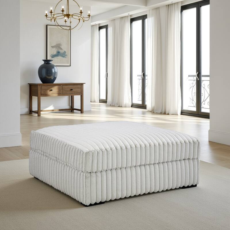 Peno Accent Ottoman, 51 Inch Square, Light Gray Jumbo Cord Polyester