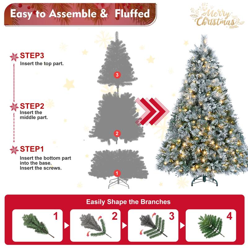 4FT Prelit Flocked Christmas Tree with Pine Needles&Eucalyptus Leaves,150 Warm White LED Lights,404 Tips,Metal Stand