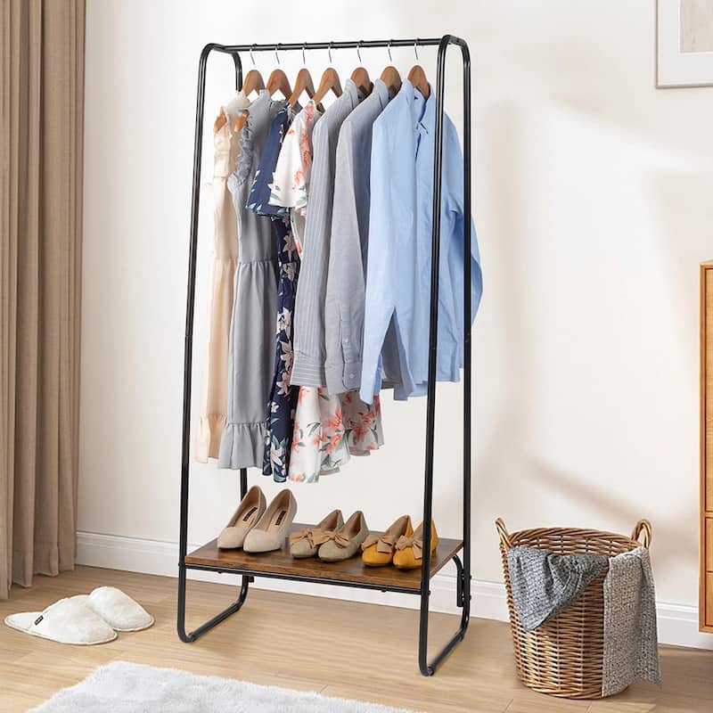 Freestanding Metal Clothing Rack with One Wood Shelf