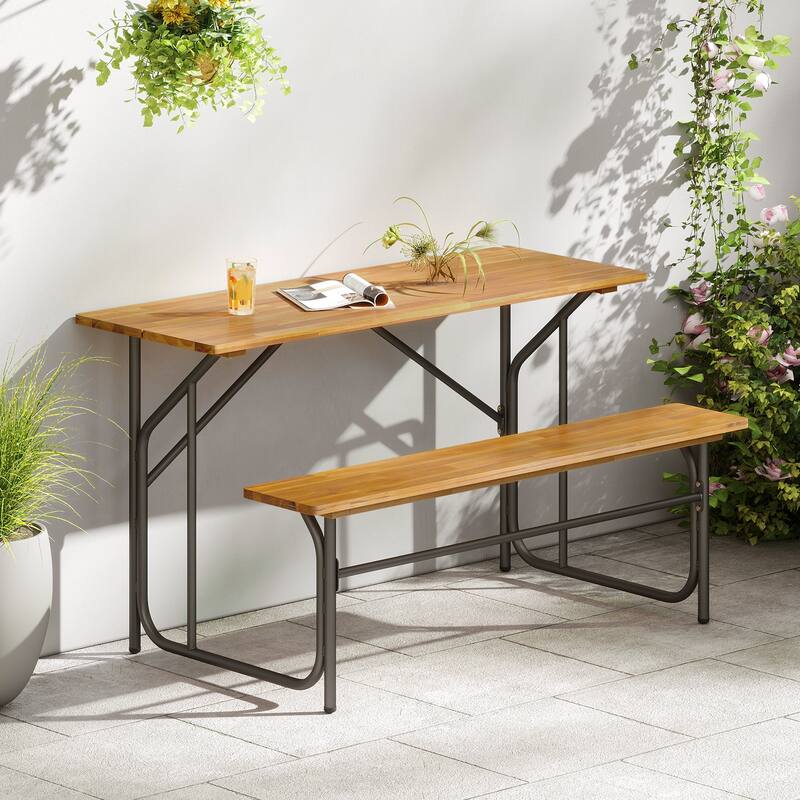 Gymax 2PCS Table Bench Set for 2 Picnic Table & Loveseat w/Acacia Wood