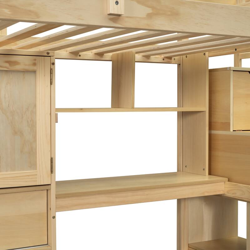 Twin over Twin Loft Bed with Built-in Desk, Staircase & Storage, Natural Pine Wood & MDF