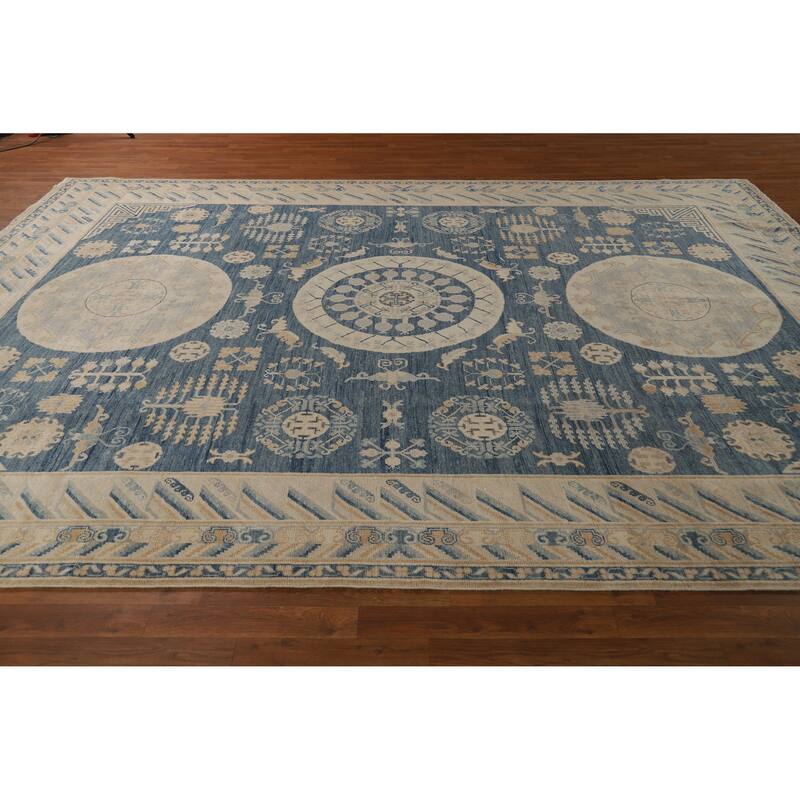 Hand Knotted Oriental 100% Wool Carpet Transitional Geometric Navy Blue & Blues Oushak Area Rug - 12' 0'' X 9' 2''
