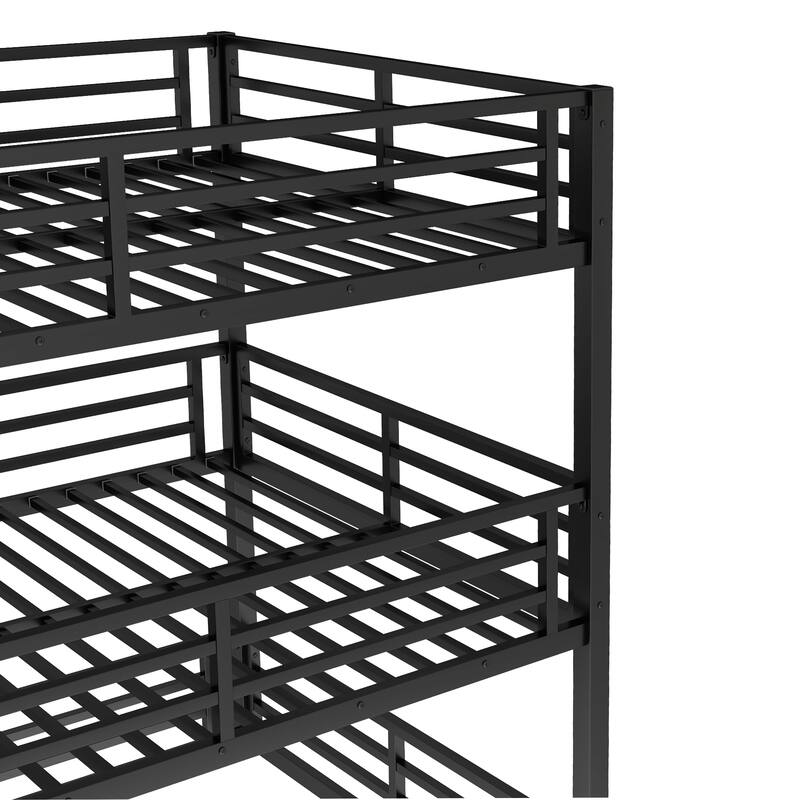 Full over Full over Full Bunk Bed with Slide, Metal Triple Bunk Bed with Safety Guardrails, Heavy-duty Bunk Bed