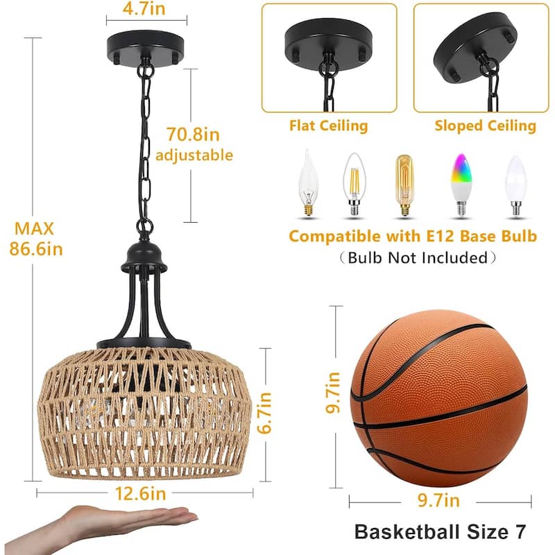 Boho Rattan Chandelier - 3-Light, Adjustable Height, E12 Socket