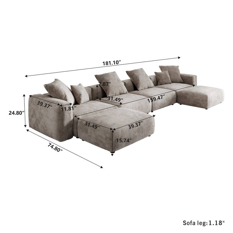 181" U-Shaped Convertible Modular Sectional Sofa With 2 Ottoman