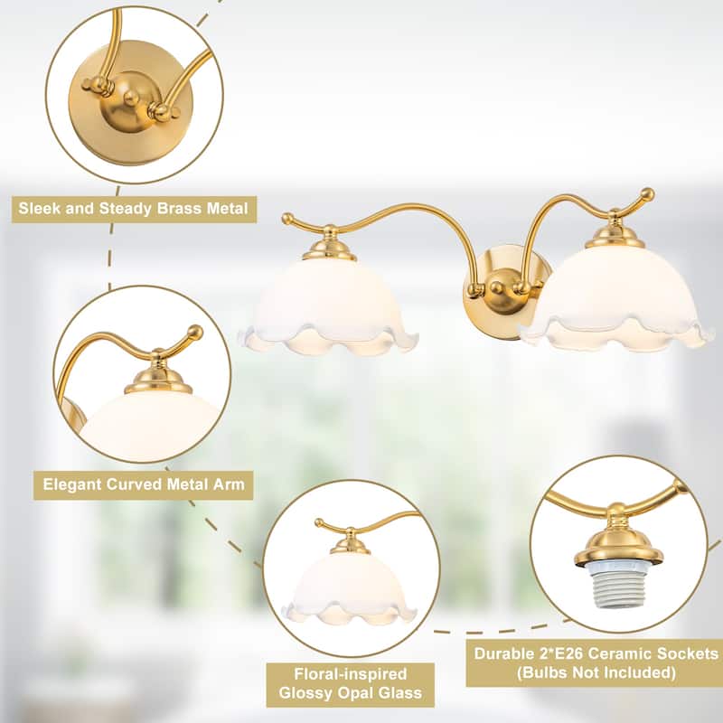 2-Light Gold Metal Wall Sconce with Flower Milky White Glass Shades