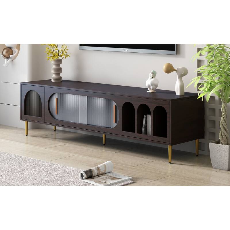 Modern TV Stand for 70+ Inch TV, Entertainment Center TV Media Console Table, with 3 Shelves and 2 Cabinets
