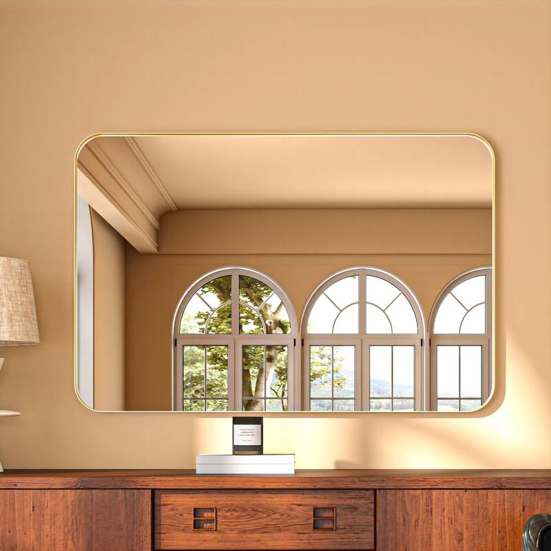 Organnice Rectangular Aluminum Framed Modern Rounded Wall Mount Mirror