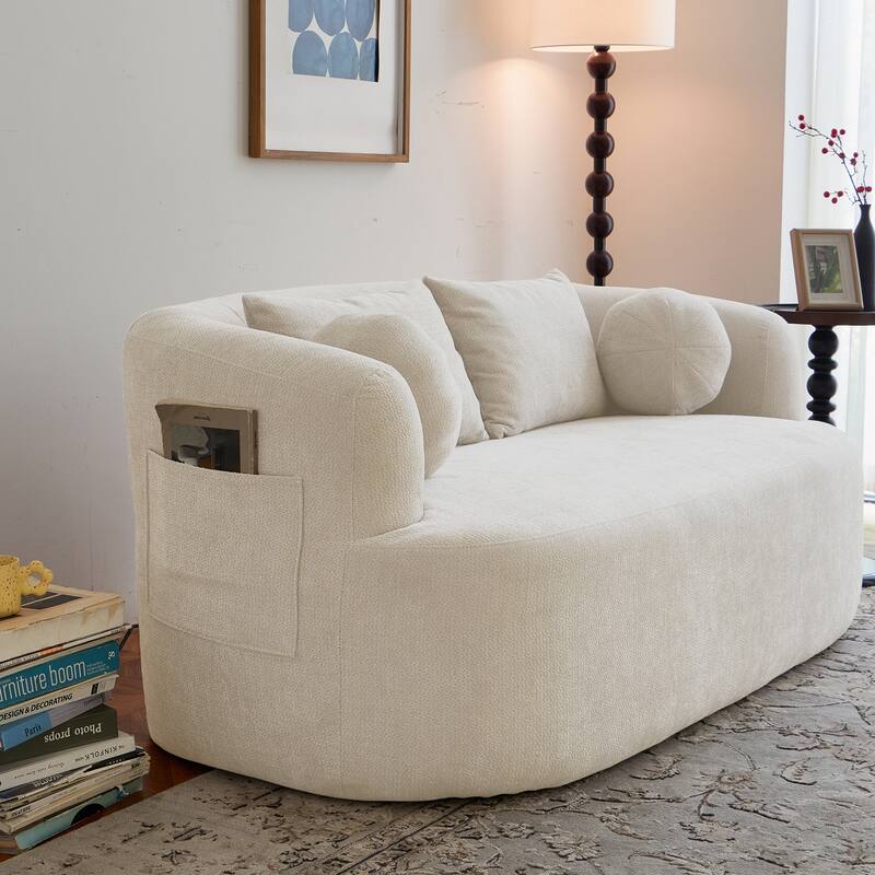 Chenille Loveseat with Round Armrests, Memory Foam 2-Seater Couch with 4 Throw Pillows, Deep Seat Sofa for Living Room