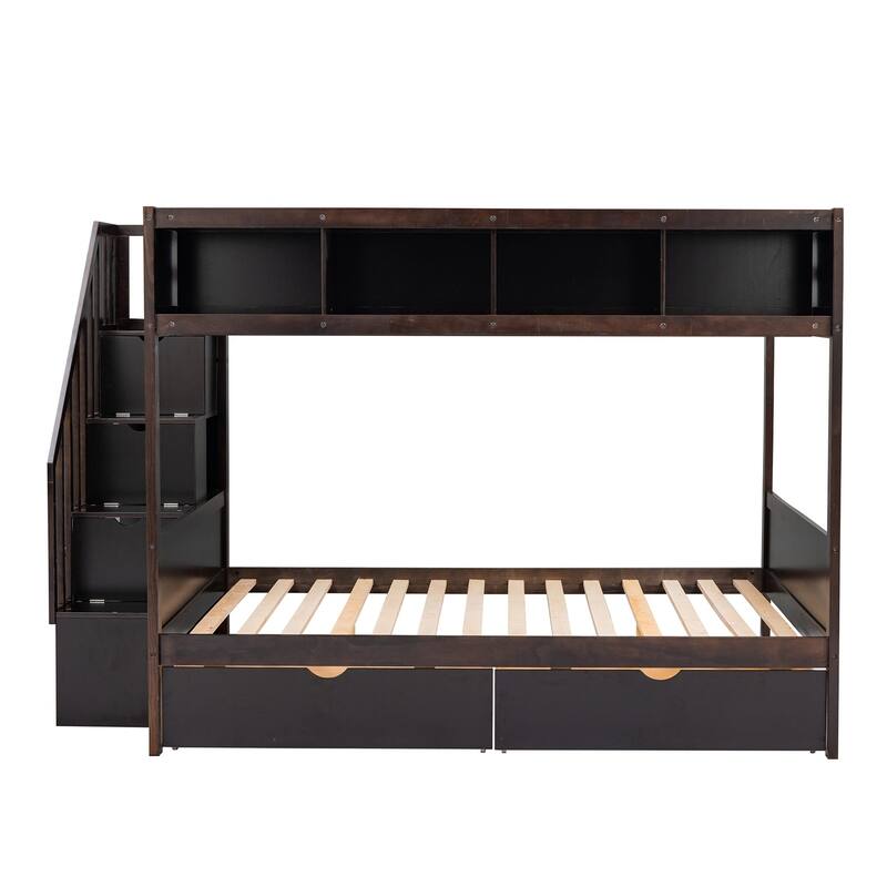 Merax Twin over Full Bunk Bed with Shelfs, Storage Staircase and 2 Drawers