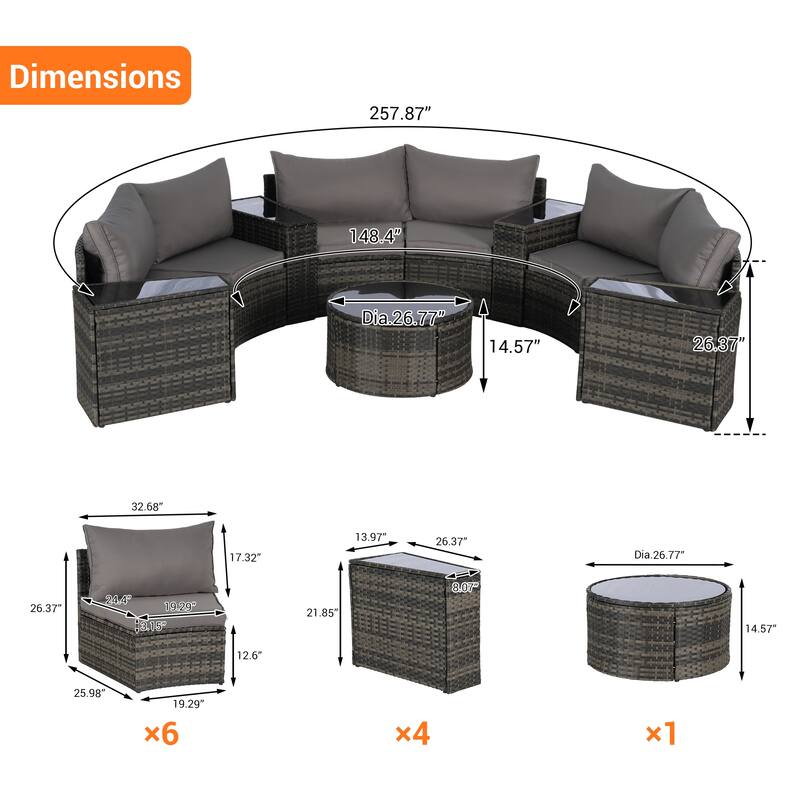 11-Piece Outdoor Half-Round Modular Sectional Sofa Set with Tempered Glass Coffee Table and 4 Side Table