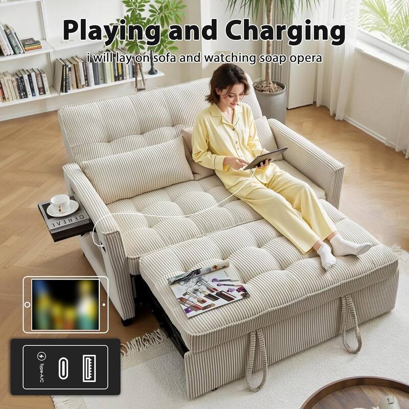 Sleeper Sofa Bed, 52" Convertible Pull Out Couch with Small Table,USB Port,Side Pockets,Corduroy Fabric,Adjustable Backrest