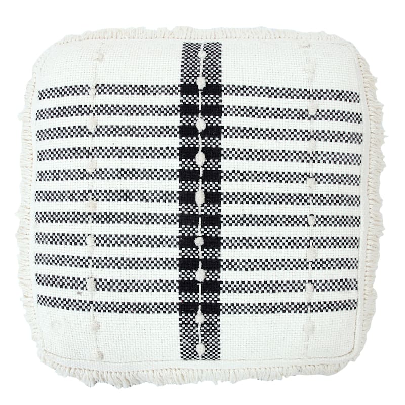 Sevita Black and Ivory Farmhouse Chic Shag Stripe Pouf Ottoman