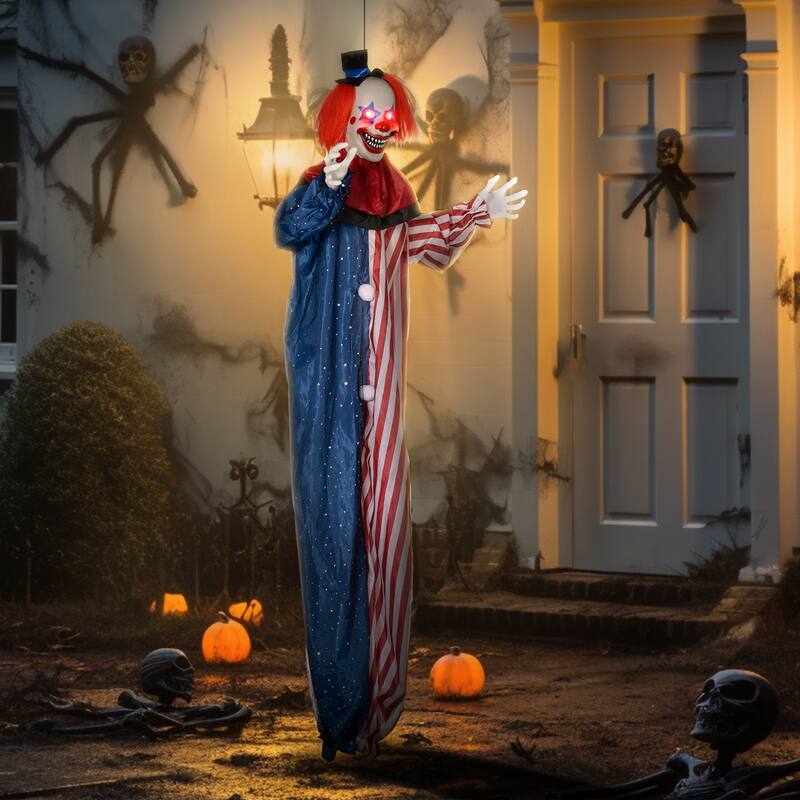 6FT Hanging Animatronic Clown Halloween Decor Light-Up Eyes Creepy Sound Battery Powered