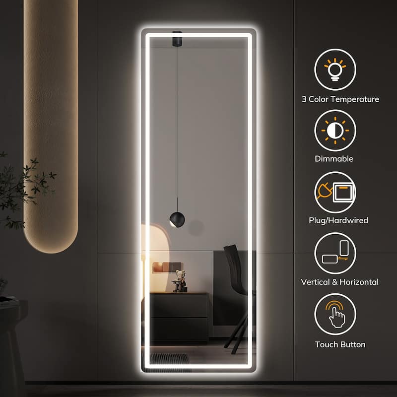 Rectangle Aluminum Alloy Frame Full Length Mirror with Stand & Dimmable 3-Color Lighting for Bedroom Cloakroom - 64"L x 21"W