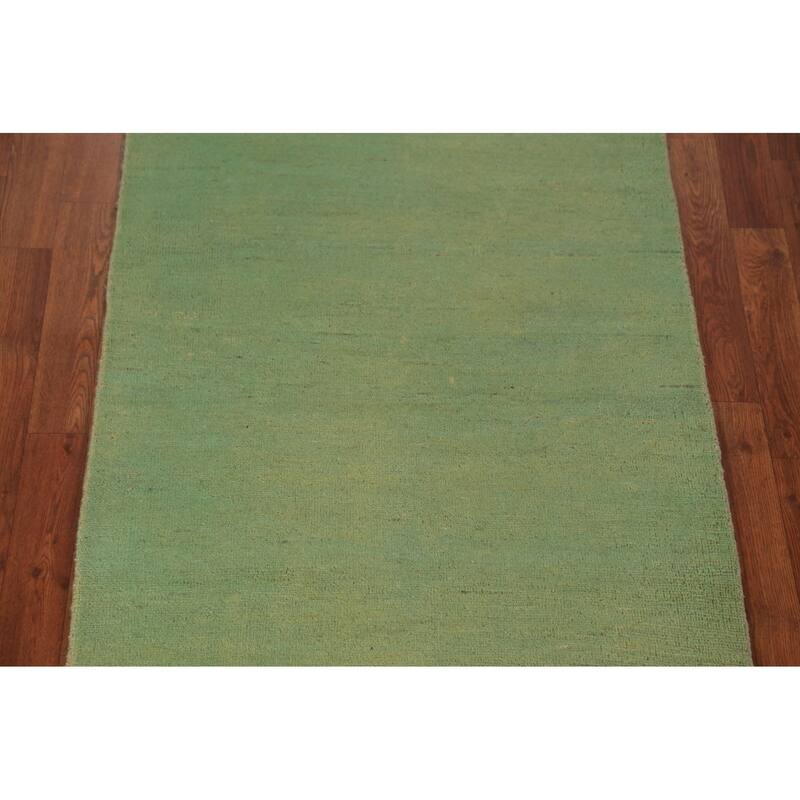 Green Modern Gabbeh Runner Rug Hand-Knotted Wool Carpet - 2'11" x 9'6"