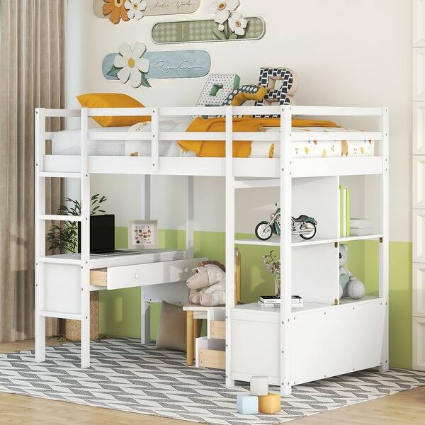 slide 2 of 12, Twin Size Loft Bed with Desk with Drawers and Shelves, White White