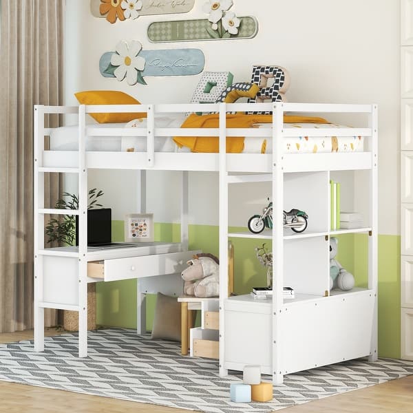 slide 2 of 9, Simplicity Loft Bed with All-in-one Storage Shelf Frame and Drawers Underneath, Loft Wood Bed with Desk Built-in Drawers White - Twin