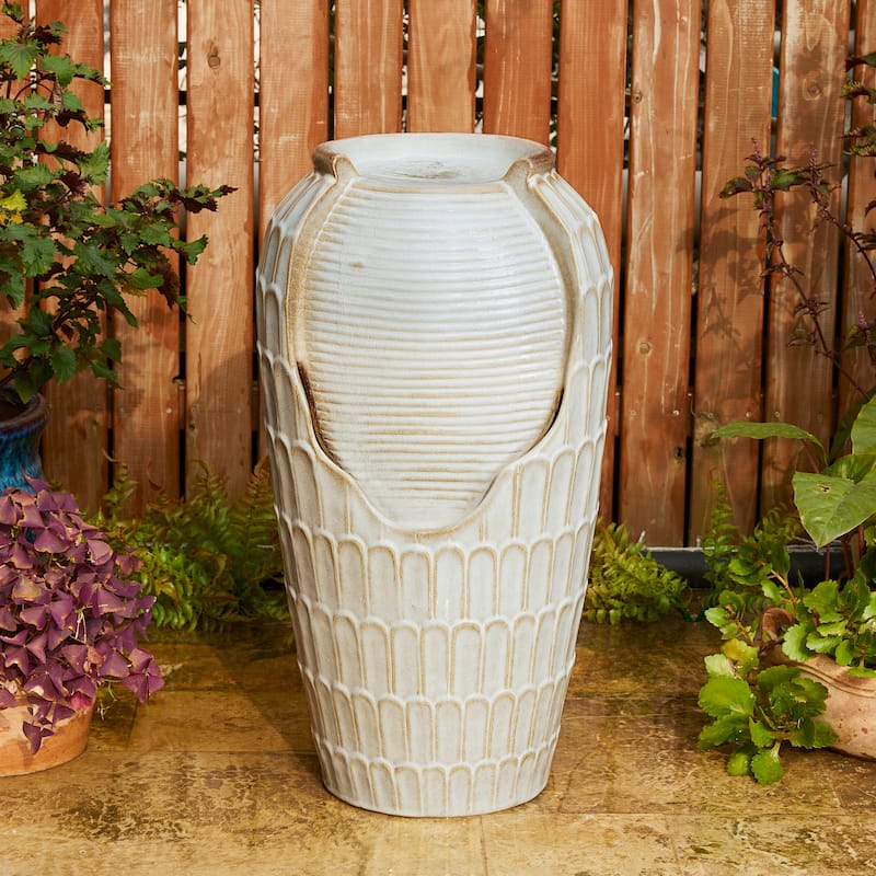 Glitzhome 28"H Oversized Petals Textured Ceramic Jar Outdoor Waterfall Fountain - White