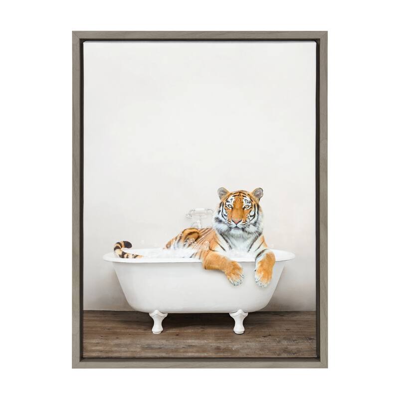 Kate and Laurel Bengal Tiger in Bath Framed Canvas by Amy Peterson