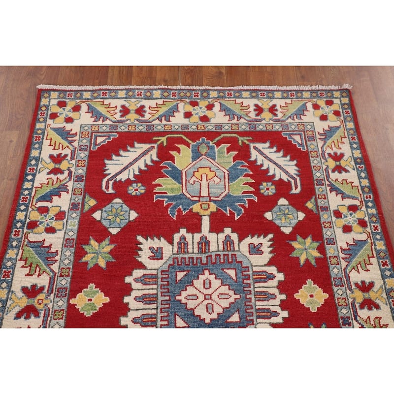 Traditional Kazak Foyer Rug Handmade Red Geometric Wool Carpet - 3'5" x 5'1"
