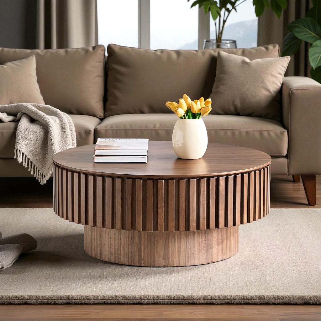 31.49'' Modern Round Coffee Table with Storage, Small Pedestal Coffee Table for Apartment or Living Room