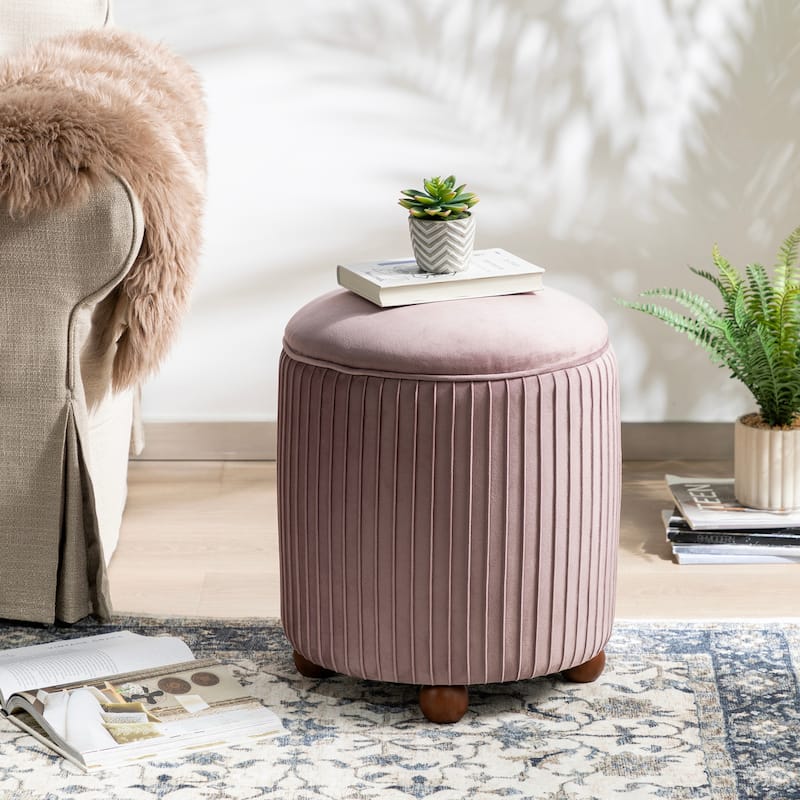 Glitzhome 19"H Velvet Upholstered Storage Ottoman or Accent Stool with Rubberwood Ball Feet - Pink