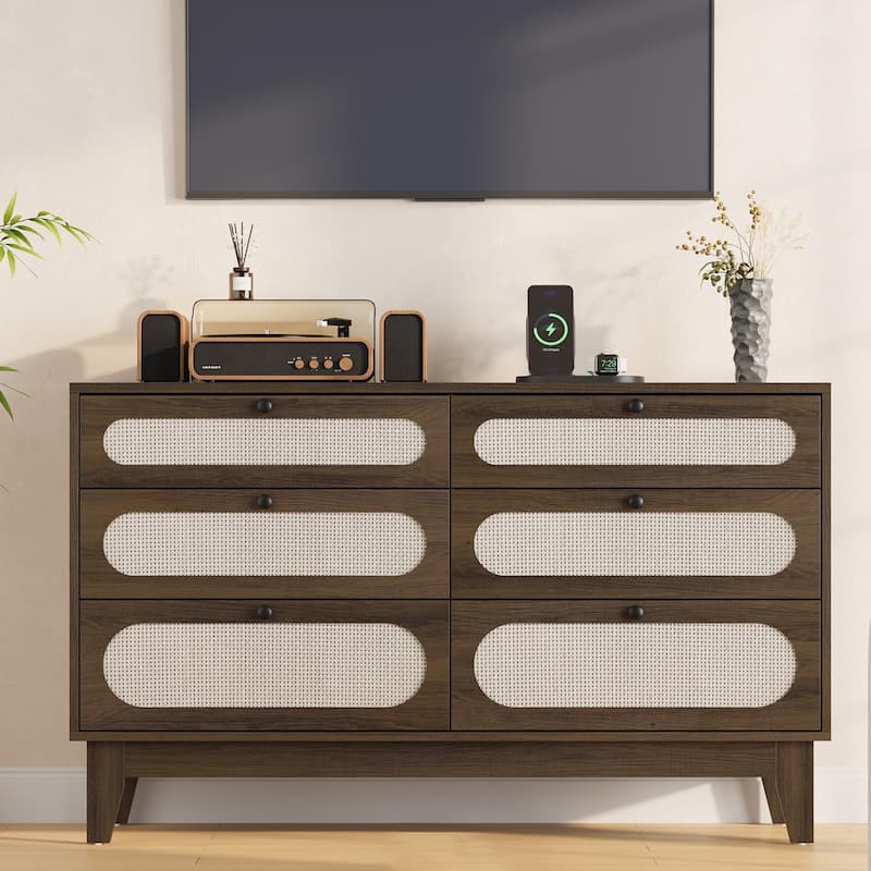 6-Drawer Rattan Dresser with Power Outlet, Wooden Chest of Drawers